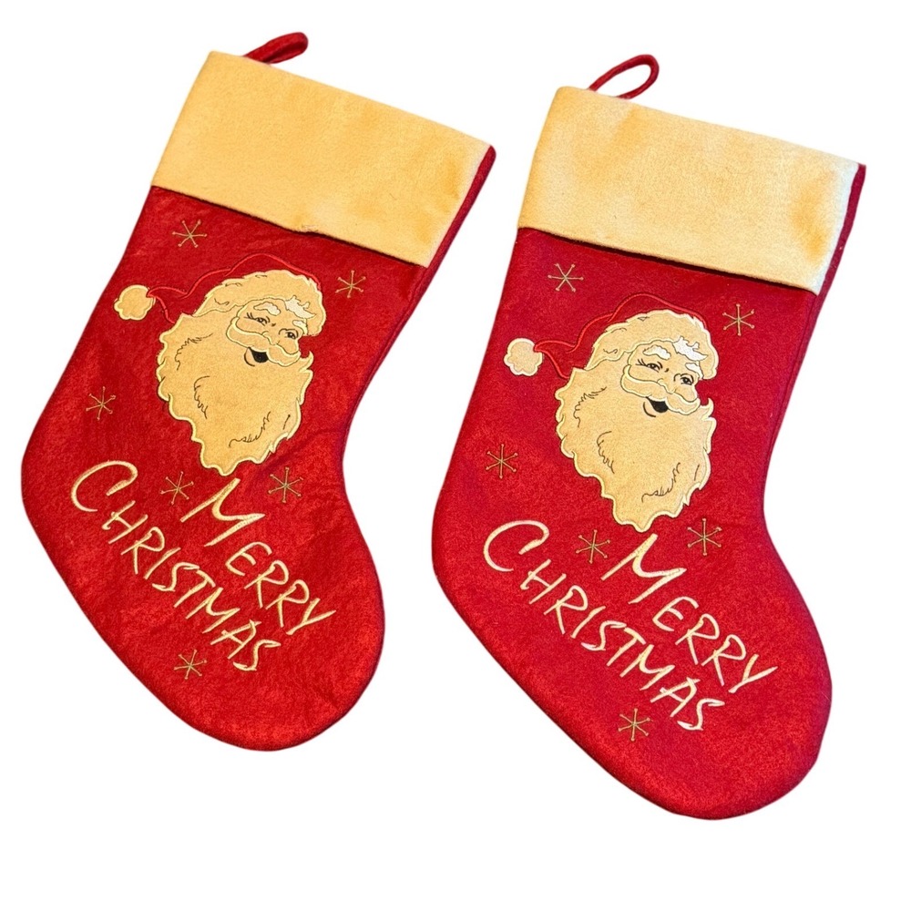 2 Vintage Santa Christmas Stockings Embroidered Merry Christmas